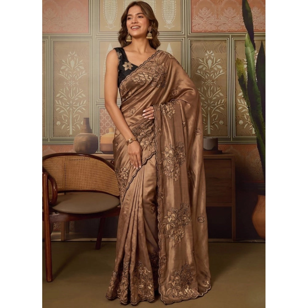 Generic Women's Viscose Silk Embroidered Saree With Unstitched Blouse 5.5Mtr (Brown)