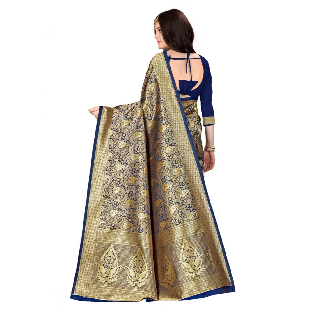 Banarasi Silk Saree with Unstitched Blouse — Navy Blue (5-6m)