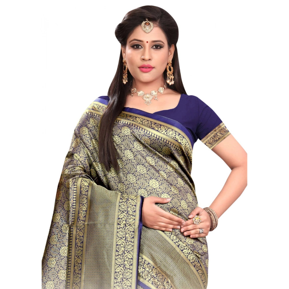 Banarasi Silk Saree with Unstitched Blouse — Navy Blue (5-6m)