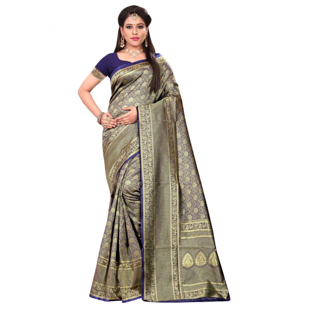 Banarasi Silk Saree with Unstitched Blouse — Navy Blue (5-6m)