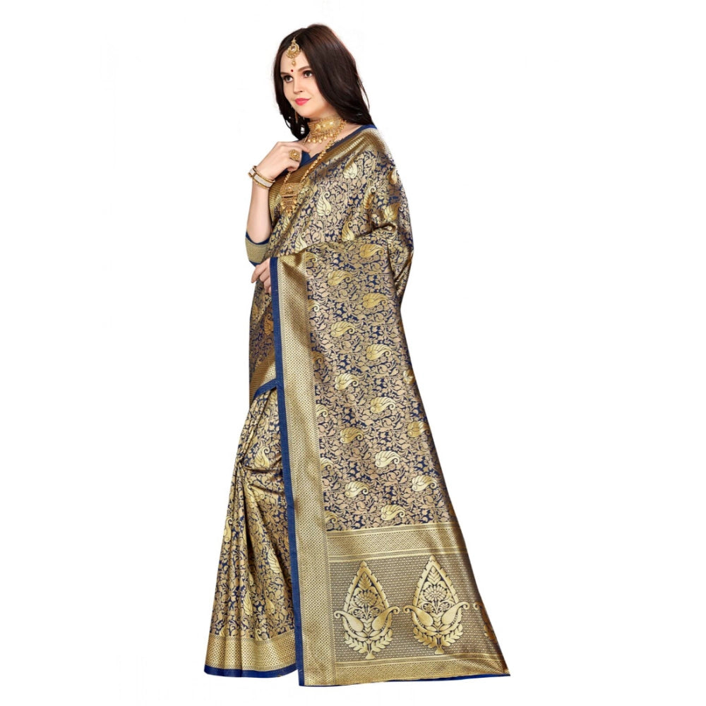 Banarasi Silk Saree with Unstitched Blouse — Navy Blue (5-6m)