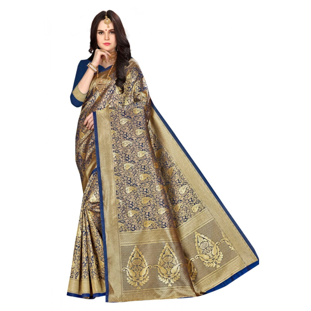 Banarasi Silk Saree with Unstitched Blouse — Navy Blue (5-6m)