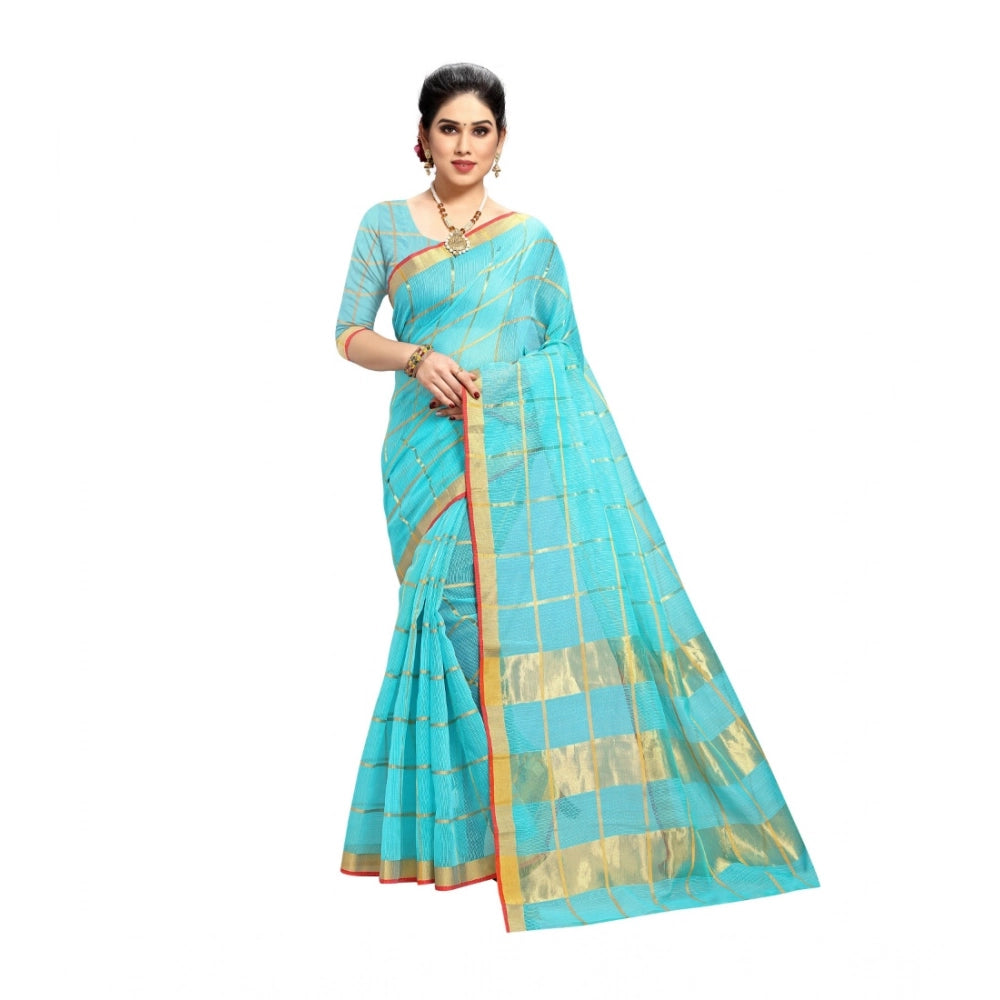 Kota Doria Cotton Saree with Blouse — Sky Blue (6-3m)