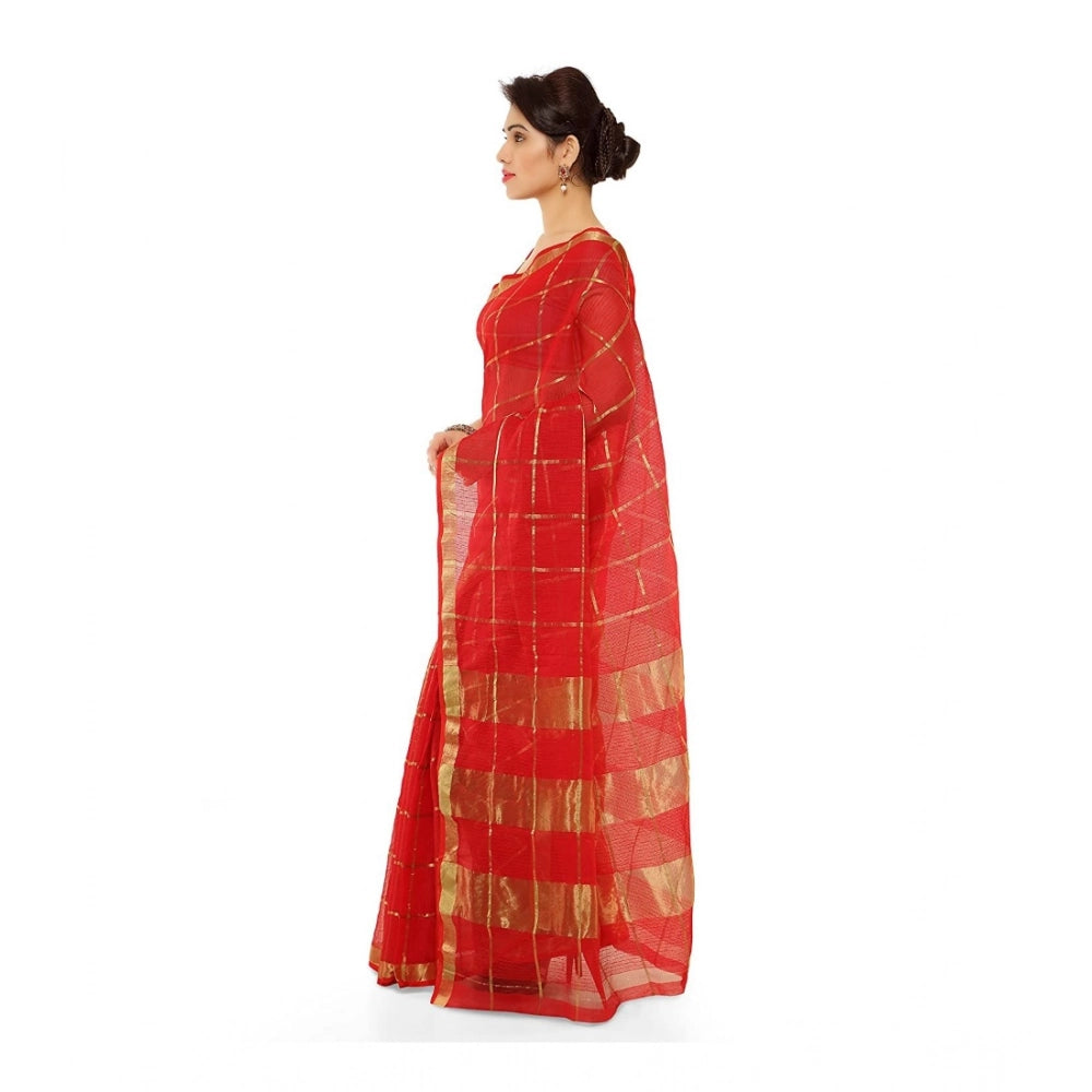 Kota Doria Cotton Saree with Blouse — Red (6-3m)