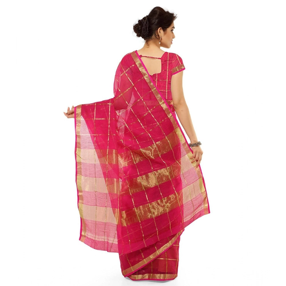 Kota Doria Cotton Saree with Blouse — Rani Pink (6-3m)