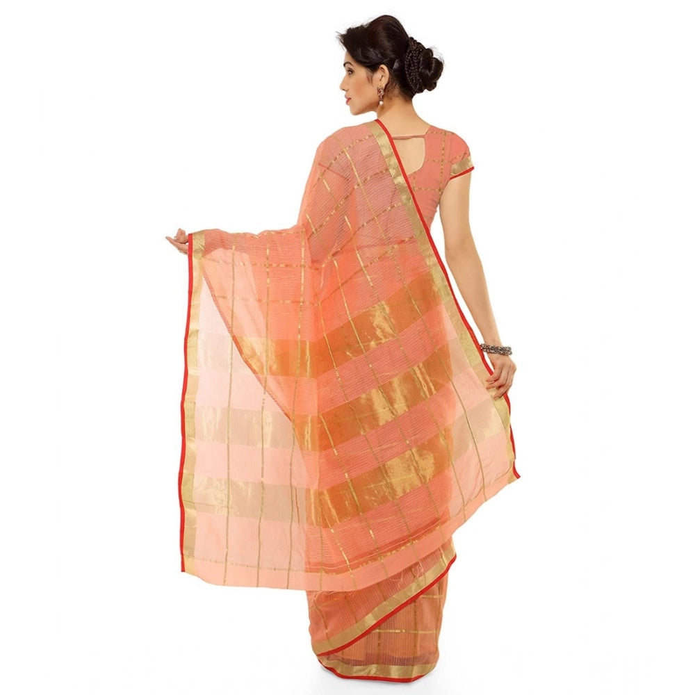 Kota Doria Cotton Saree with Blouse — Peach (6-3m)