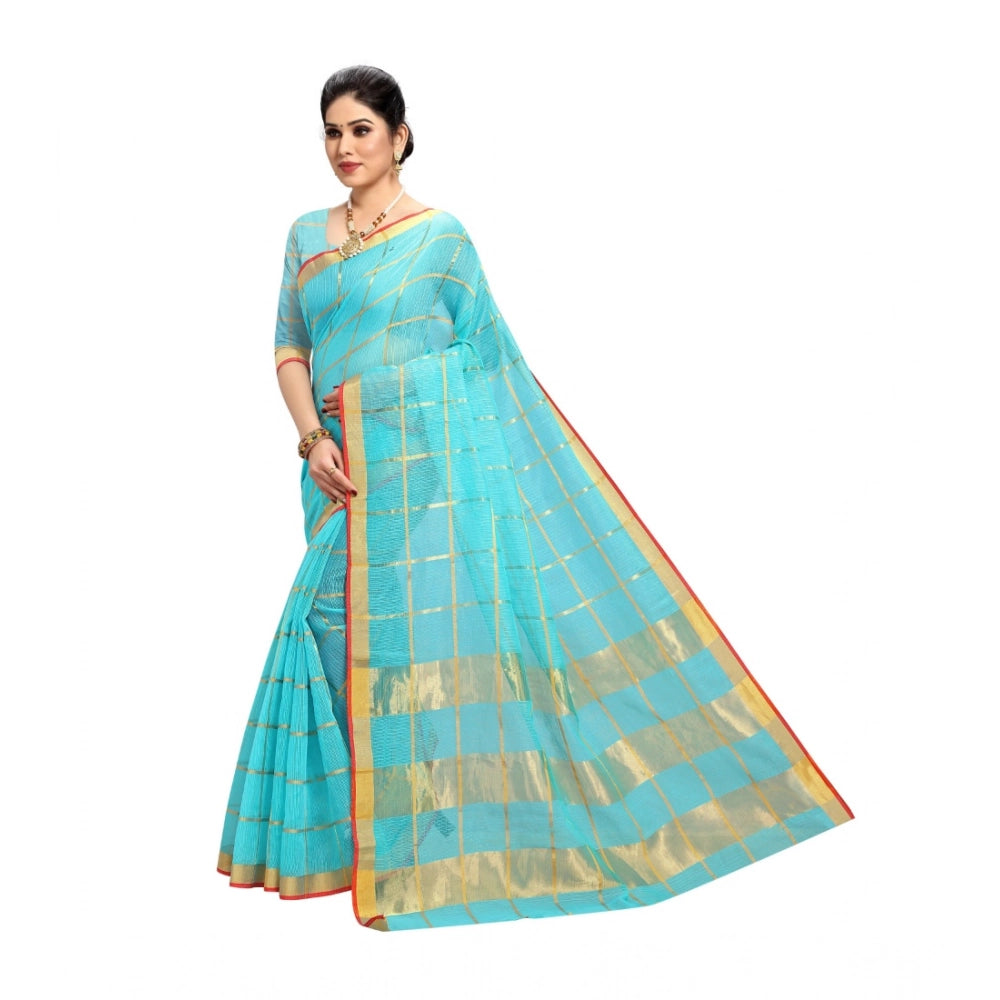 Kota Doria Cotton Saree with Blouse — Sky Blue (6-3m)