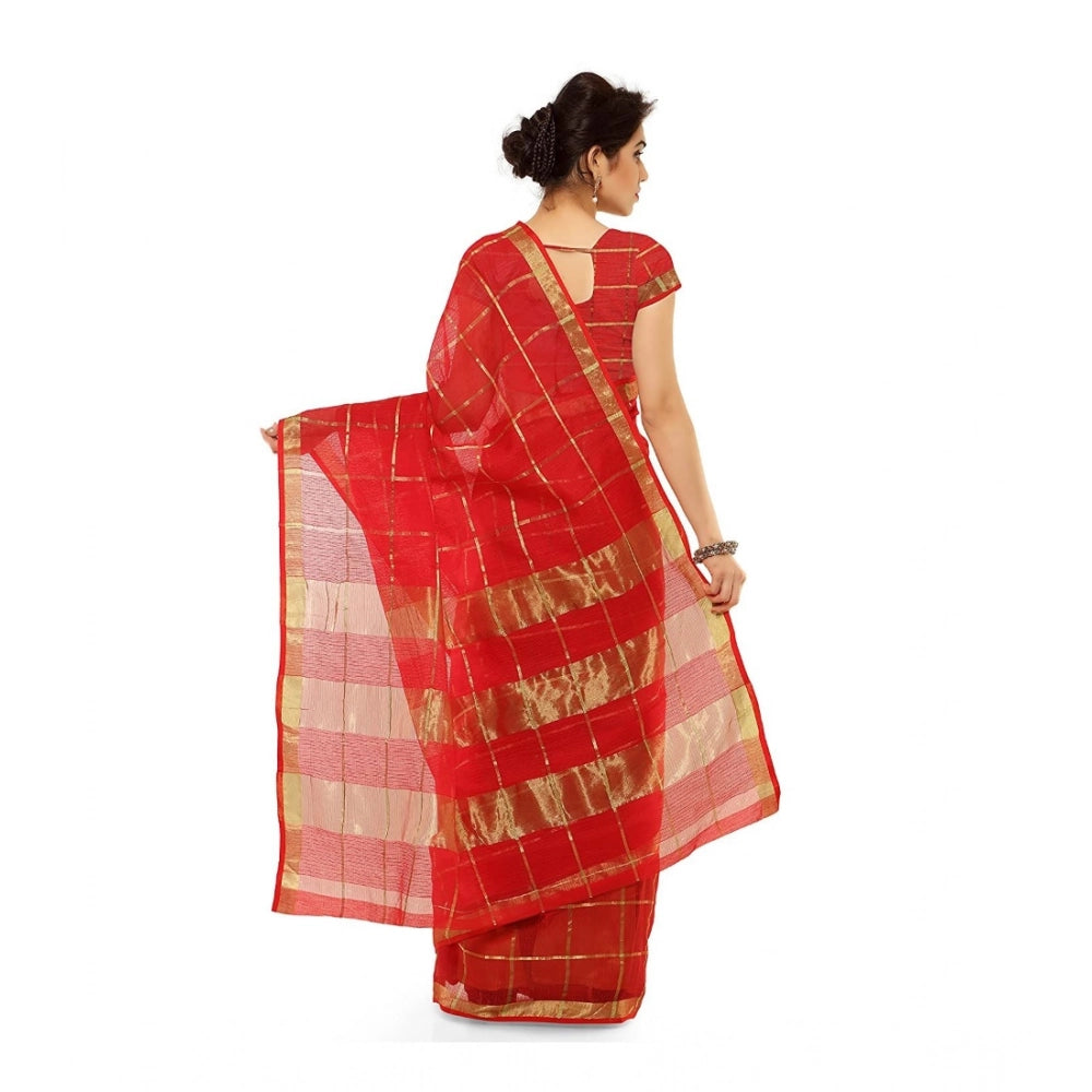 Kota Doria Cotton Saree with Blouse — Red (6-3m)