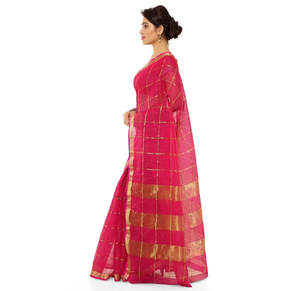Kota Doria Cotton Saree with Blouse — Rani Pink (6-3m)