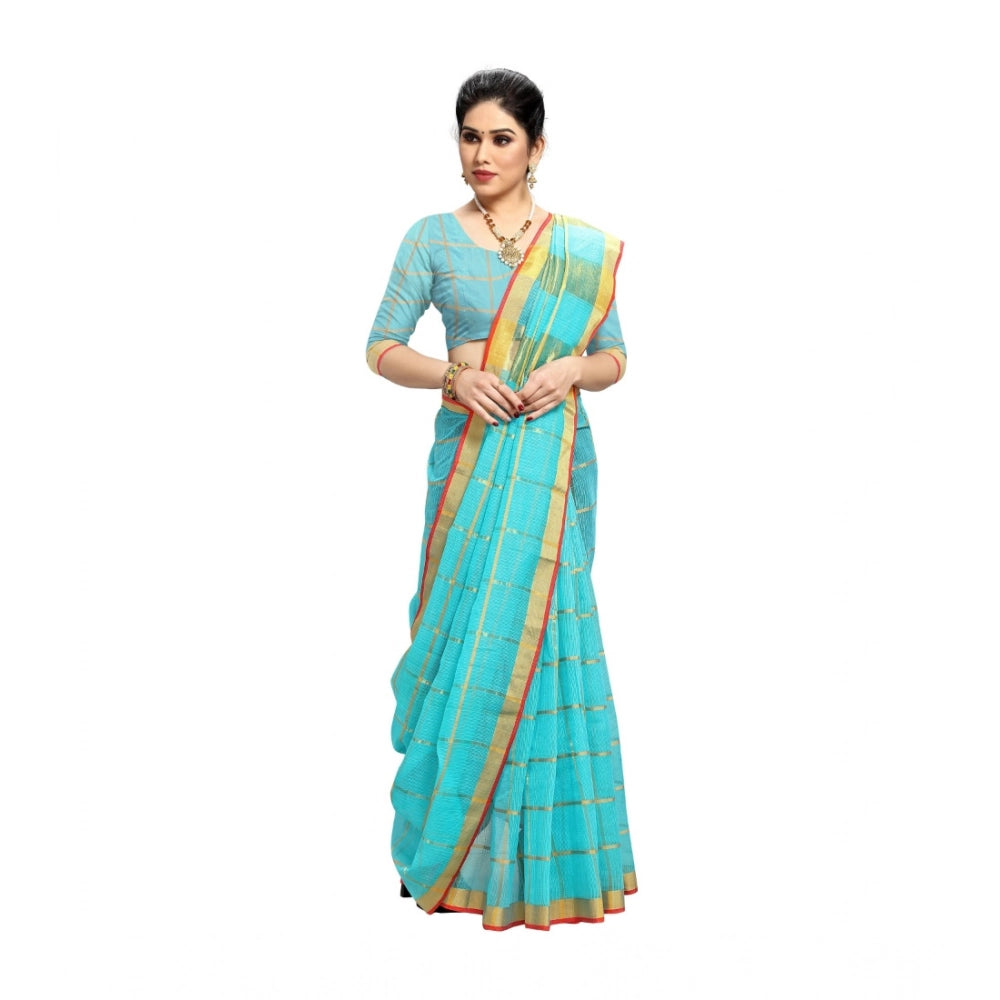 Kota Doria Cotton Saree with Blouse — Sky Blue (6-3m)