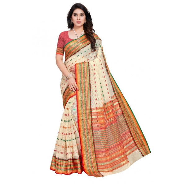 Kota Doria Cotton Woven Butta Saree with Blouse — Cream (5-6m)