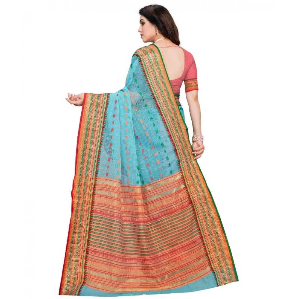Kota Doria Cotton Woven Butta Saree with Blouse — Sky Blue (5-6m)