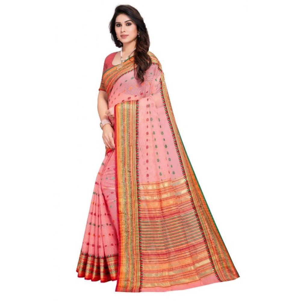 Kota Doria Cotton Woven Butta Saree with Blouse — Pink (5-6m)