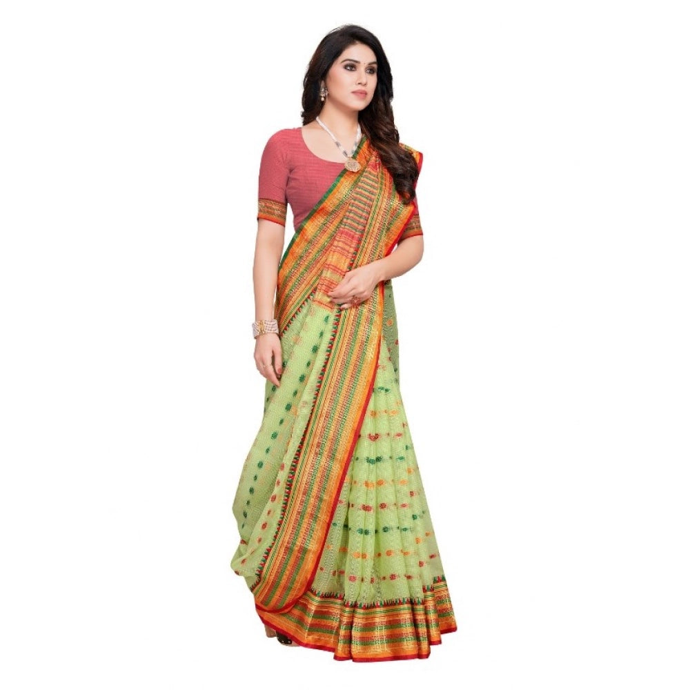 Kota Doria Cotton Woven Butta Saree with Blouse — Light Green (5-6m)