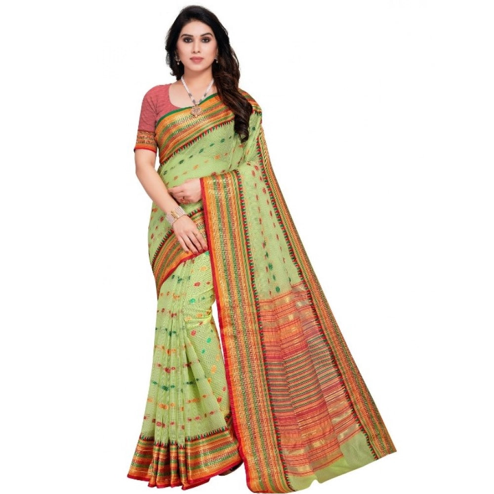 Kota Doria Cotton Woven Butta Saree with Blouse — Light Green (5-6m)