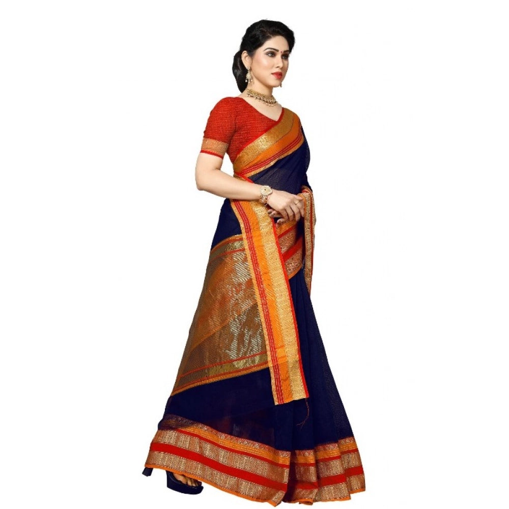 Kota Doria Cotton Border Saree with Blouse — Navy Blue (5-6m)