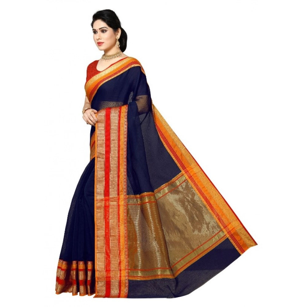 Kota Doria Cotton Border Saree with Blouse — Navy Blue (5-6m)