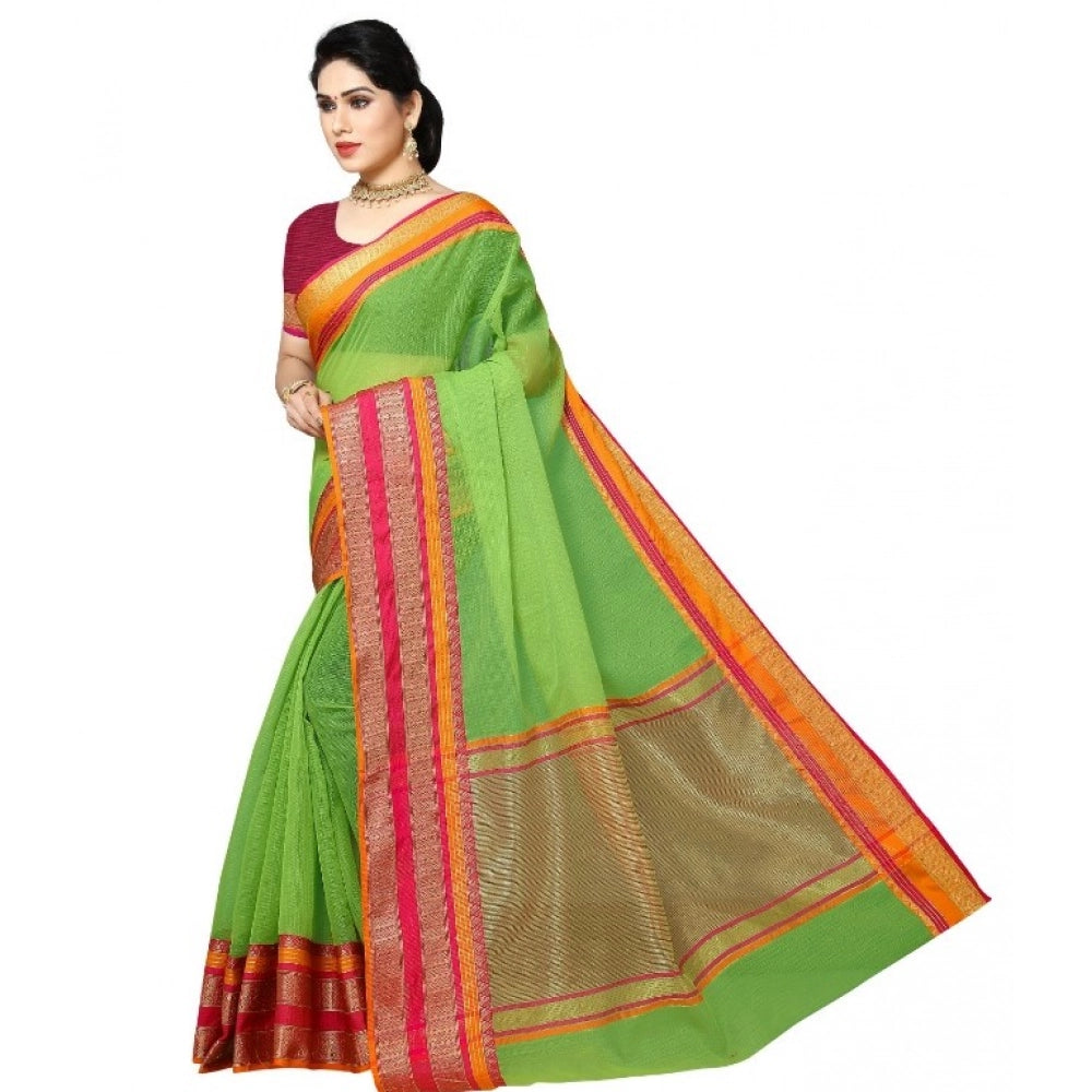 Kota Doria Cotton Border Saree with Blouse — Light Green (5-6m)