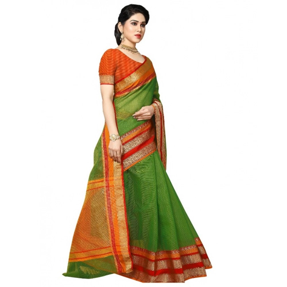 Kota Doria Cotton Border Saree with Blouse — Green (5-6m)