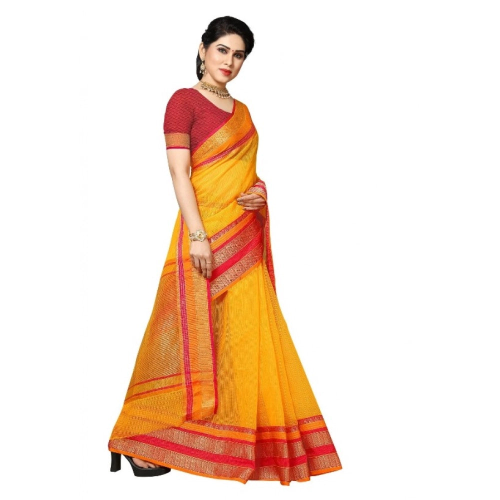 Kota Doria Cotton Border Saree with Blouse — Gold (5-6m)