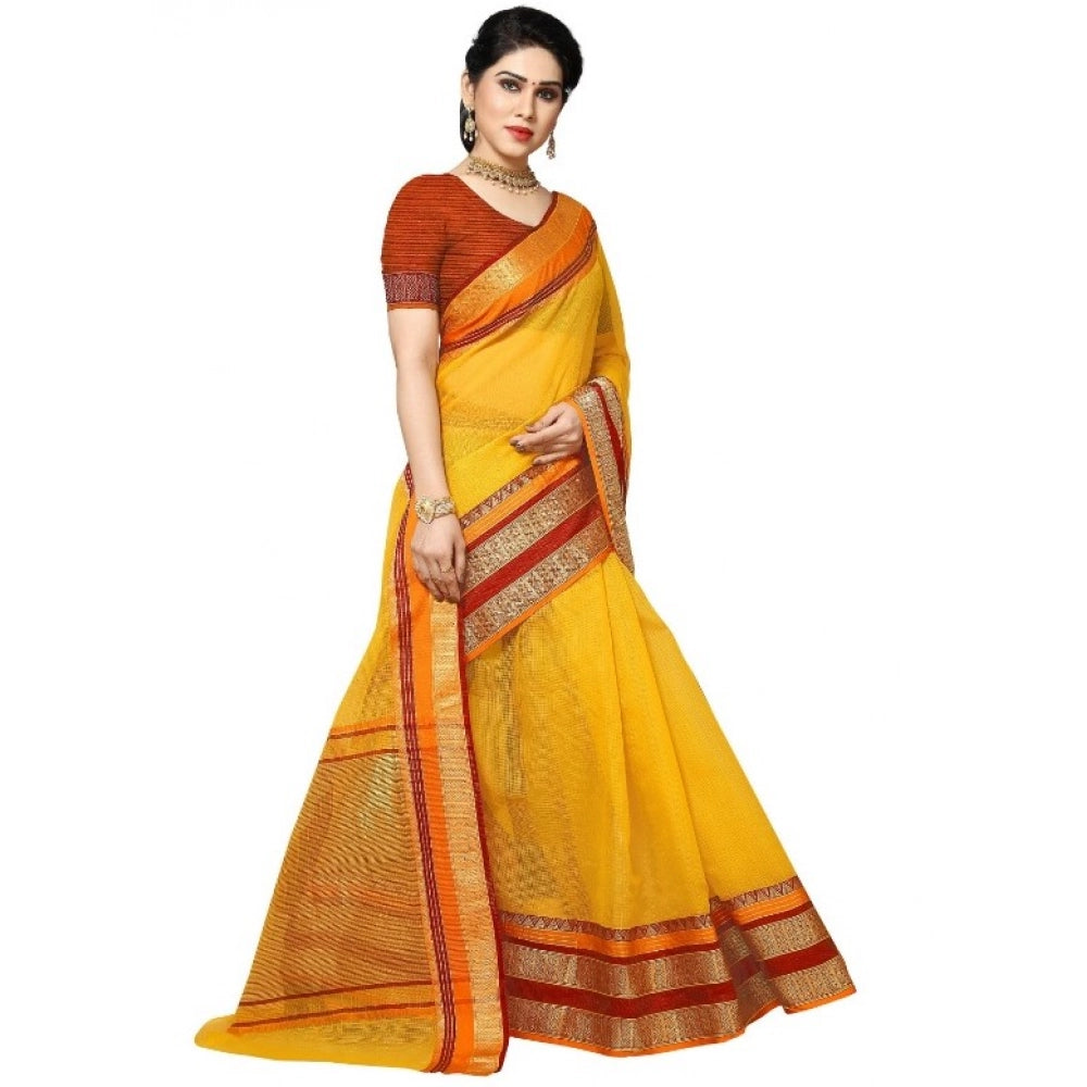 Kota Doria Cotton Border Saree with Blouse — Yellow (5-6m)