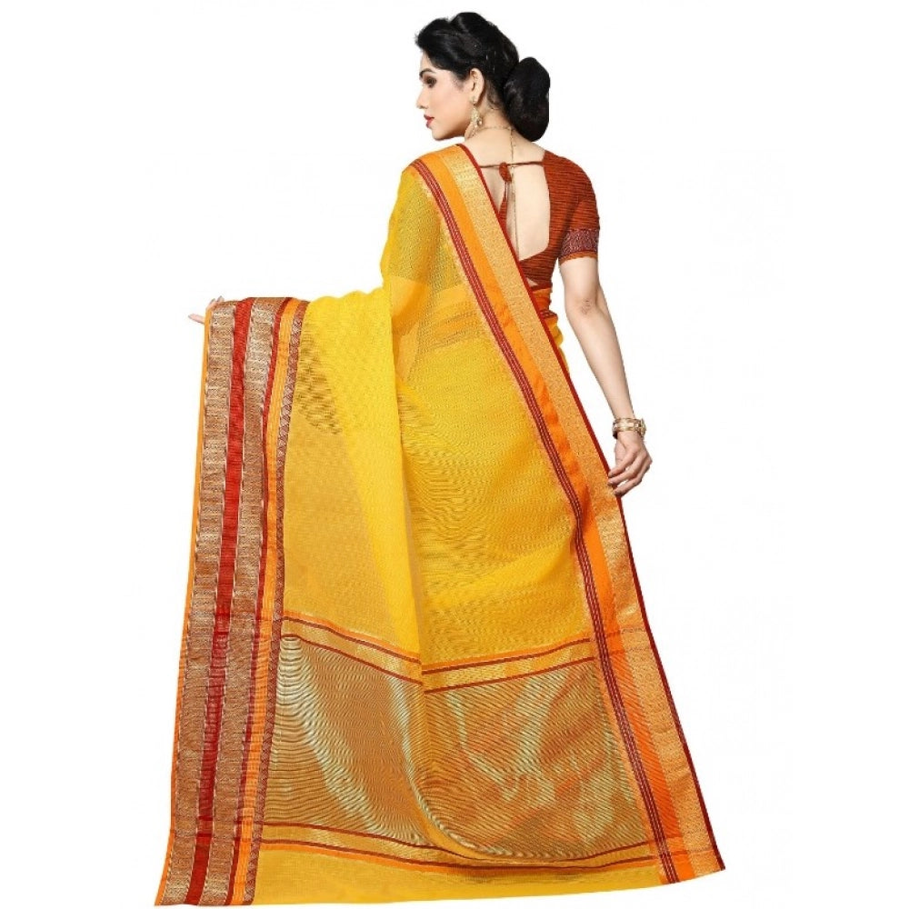 Kota Doria Cotton Border Saree with Blouse — Yellow (5-6m)
