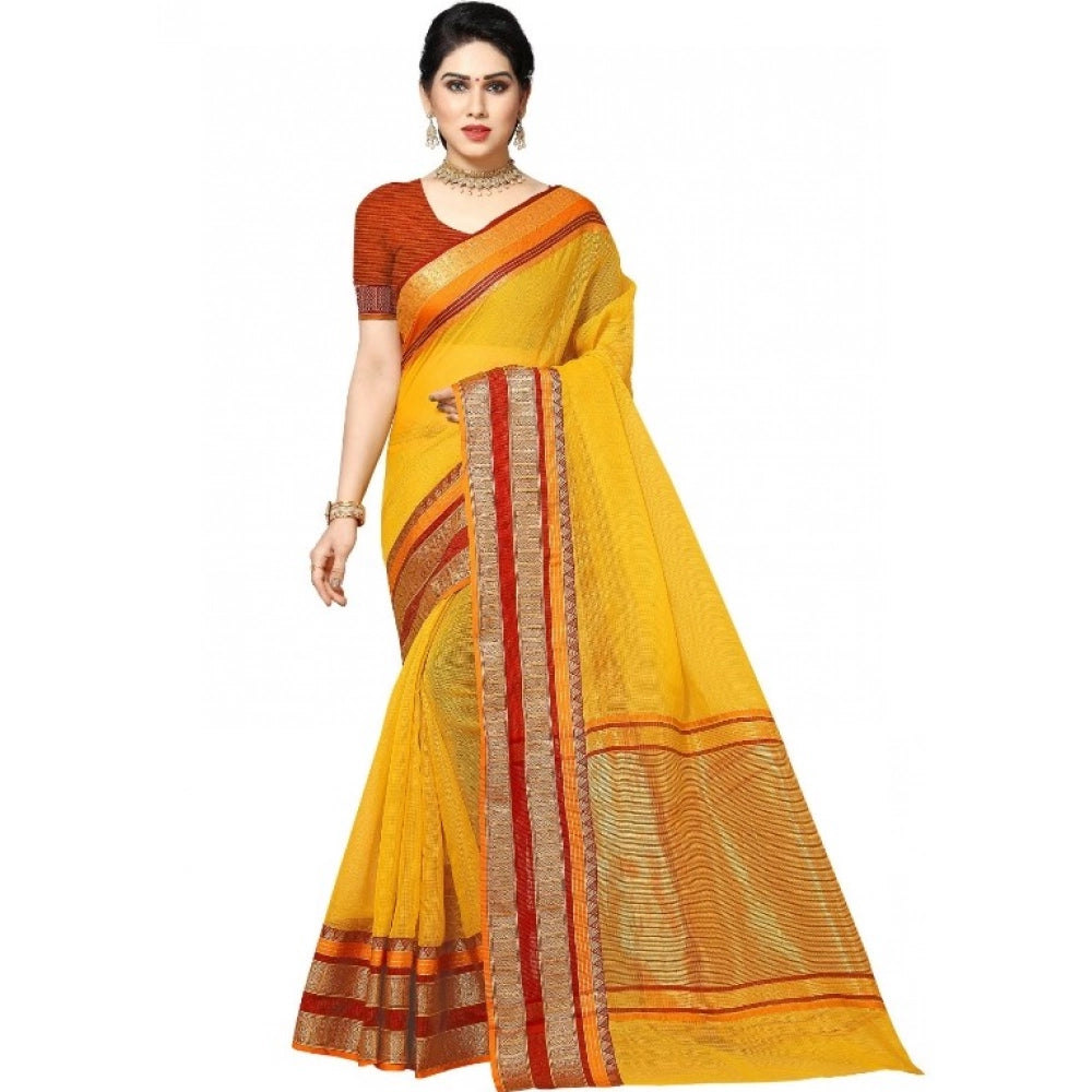 Kota Doria Cotton Border Saree with Blouse — Yellow (5-6m)