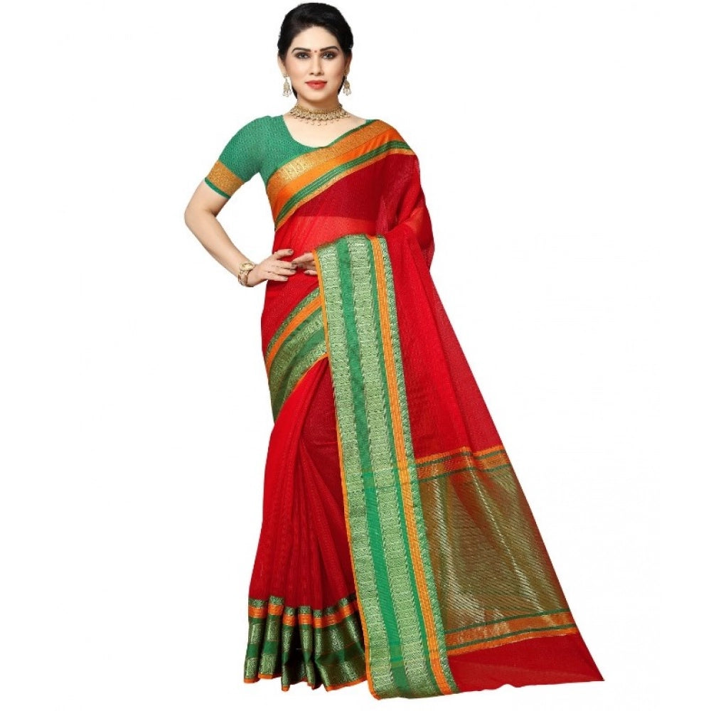 Kota Doria Cotton Border Saree with Blouse — Red (5-6m)