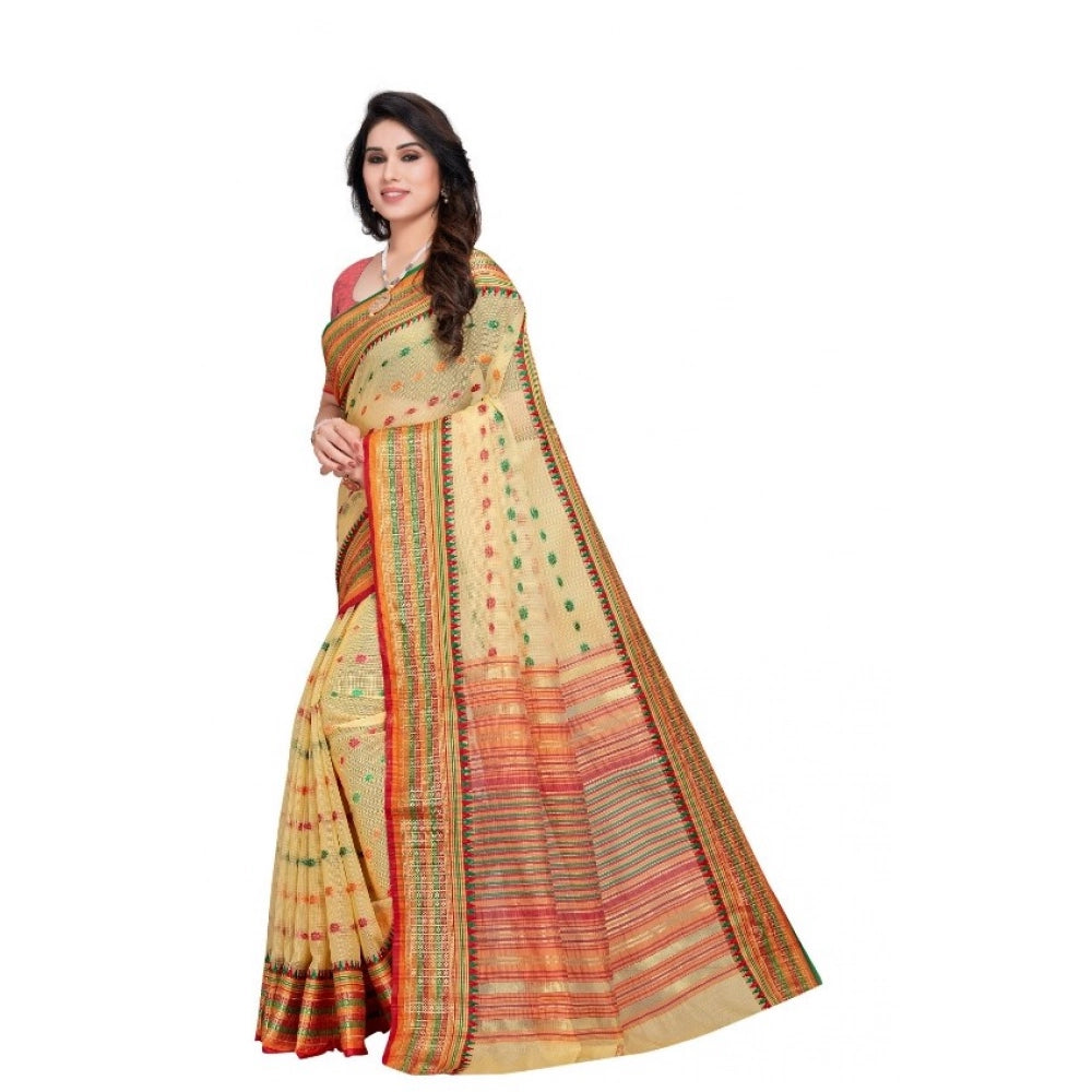 Kota Doria Cotton Woven Butta Saree with Blouse — Beige (5-6m)