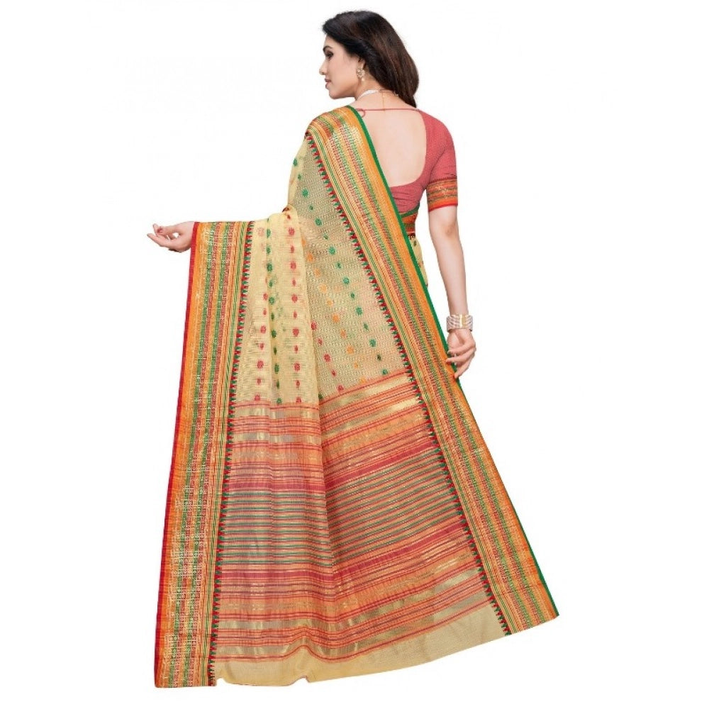 Kota Doria Cotton Woven Butta Saree with Blouse — Beige (5-6m)