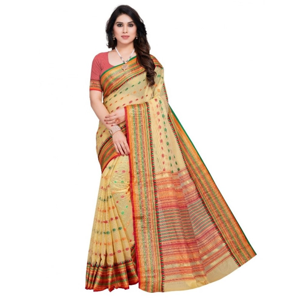 Kota Doria Cotton Woven Butta Saree with Blouse — Beige (5-6m)
