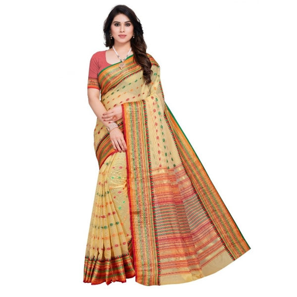 Kota Doria Cotton Woven Butta Saree with Blouse — Beige (5-6m)