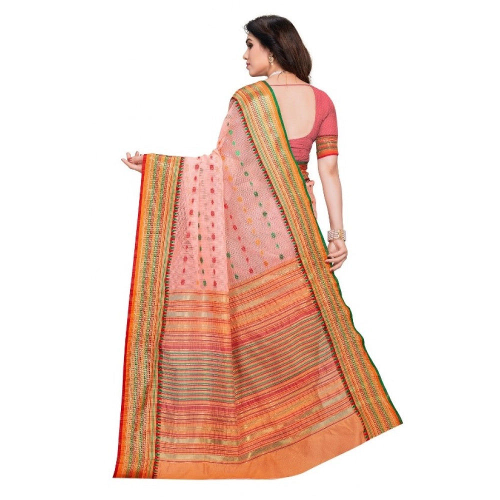 Kota Doria Cotton Woven Butta Saree with Blouse — Peach (5-6m)