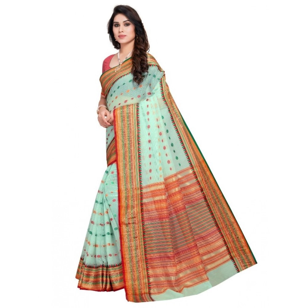 Kota Doria Cotton Woven Butta Saree with Blouse — Pista (5-6m)