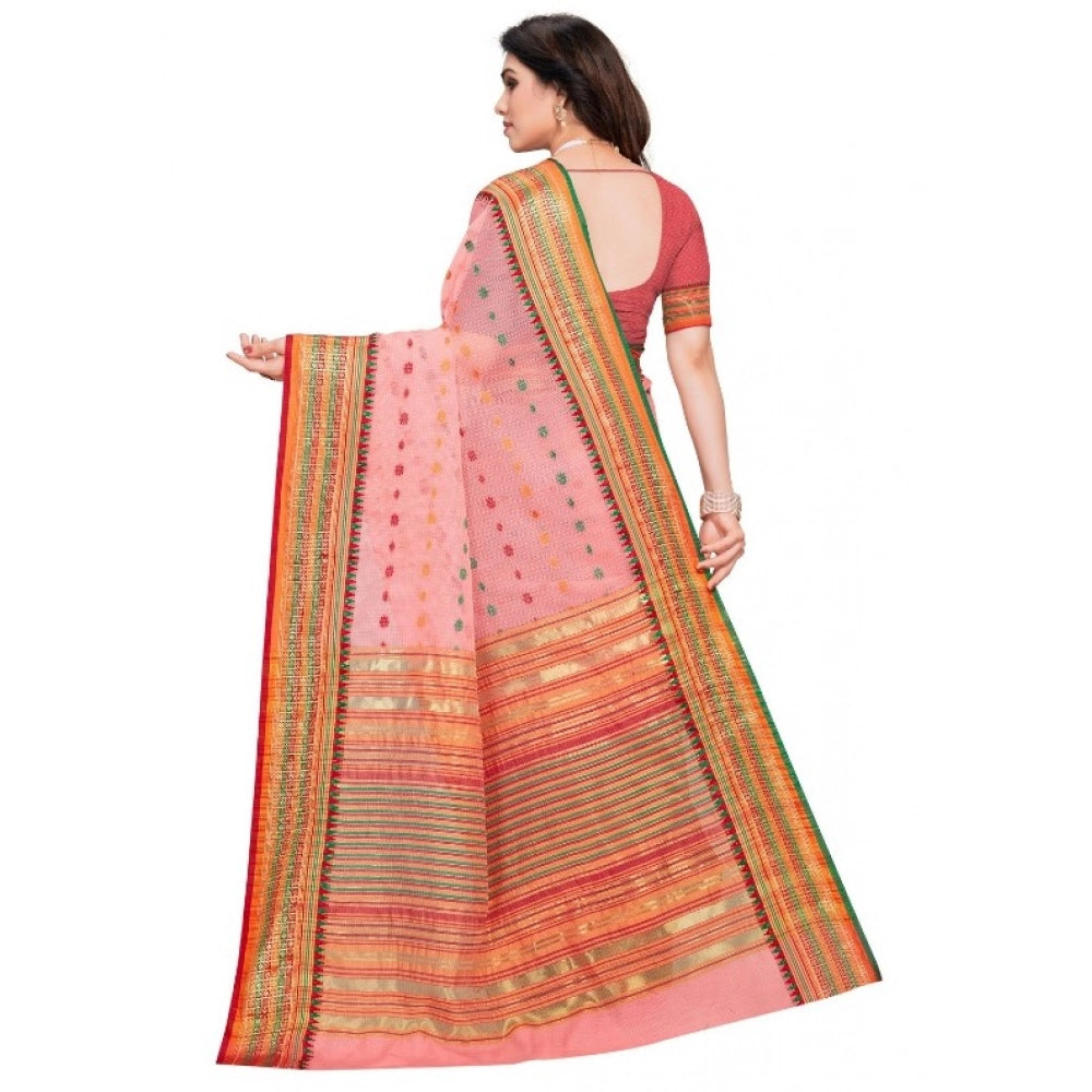 Kota Doria Cotton Woven Butta Saree with Blouse — Pink (5-6m)