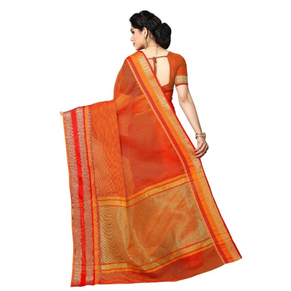 Kota Doria Cotton Border Saree with Blouse — Orange (5-6m)