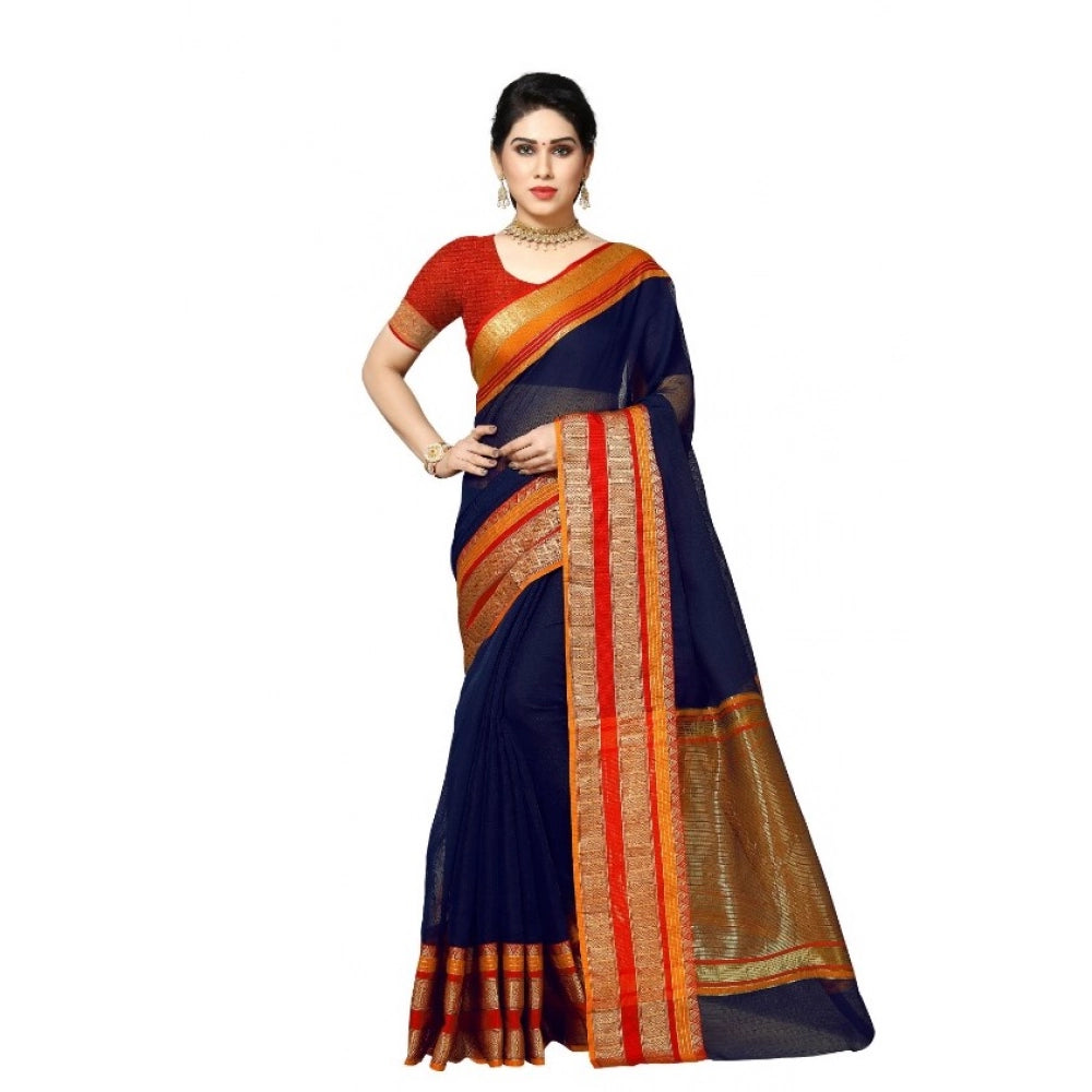 Kota Doria Cotton Border Saree with Blouse — Navy Blue (5-6m)