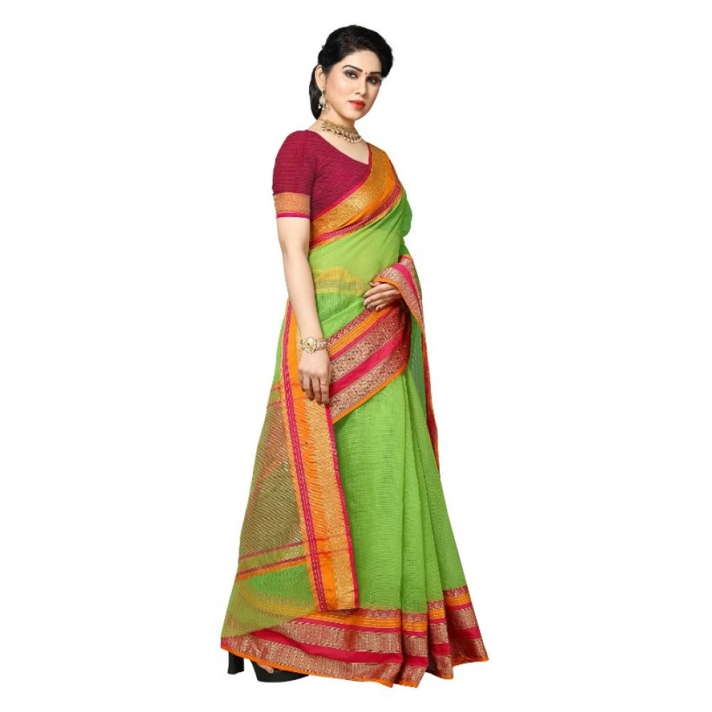 Kota Doria Cotton Border Saree with Blouse — Light Green (5-6m)