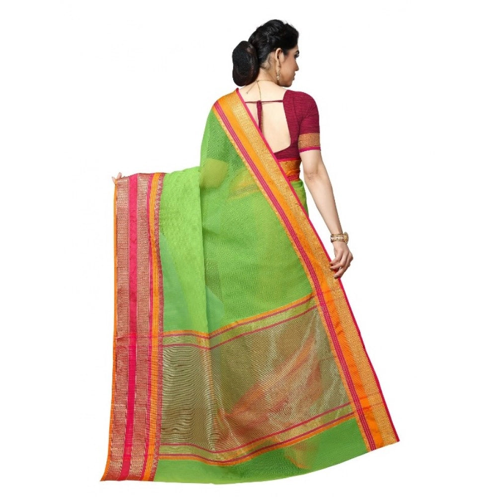 Kota Doria Cotton Border Saree with Blouse — Light Green (5-6m)