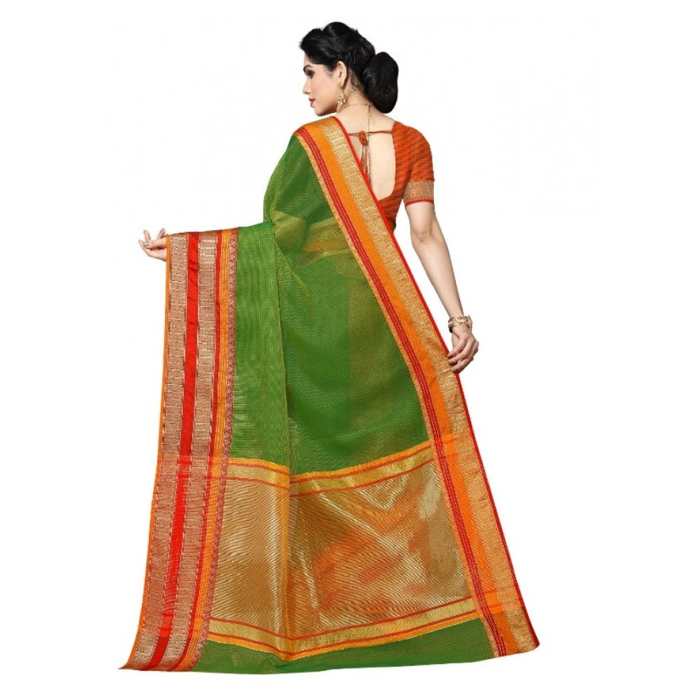 Kota Doria Cotton Border Saree with Blouse — Green (5-6m)