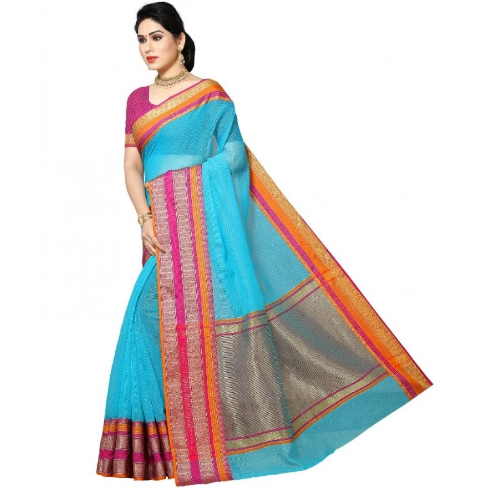Kota Doria Cotton Border Saree with Blouse — Sky Blue (5-6m)