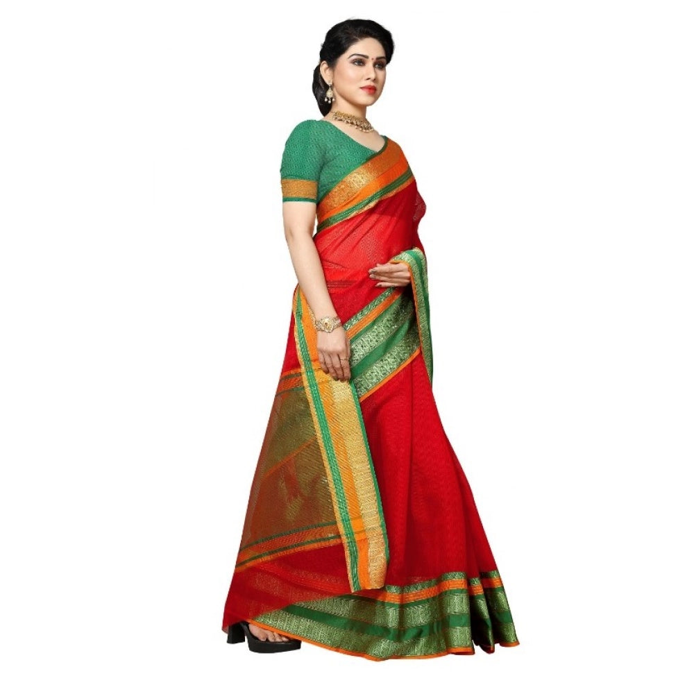Kota Doria Cotton Border Saree with Blouse — Red (5-6m)