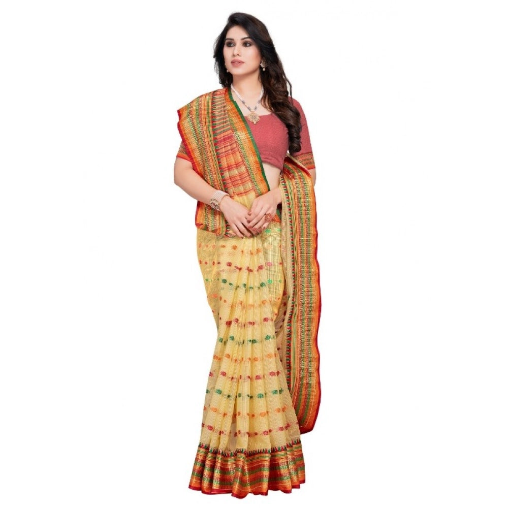 Kota Doria Cotton Woven Butta Saree with Blouse — Beige (5-6m)