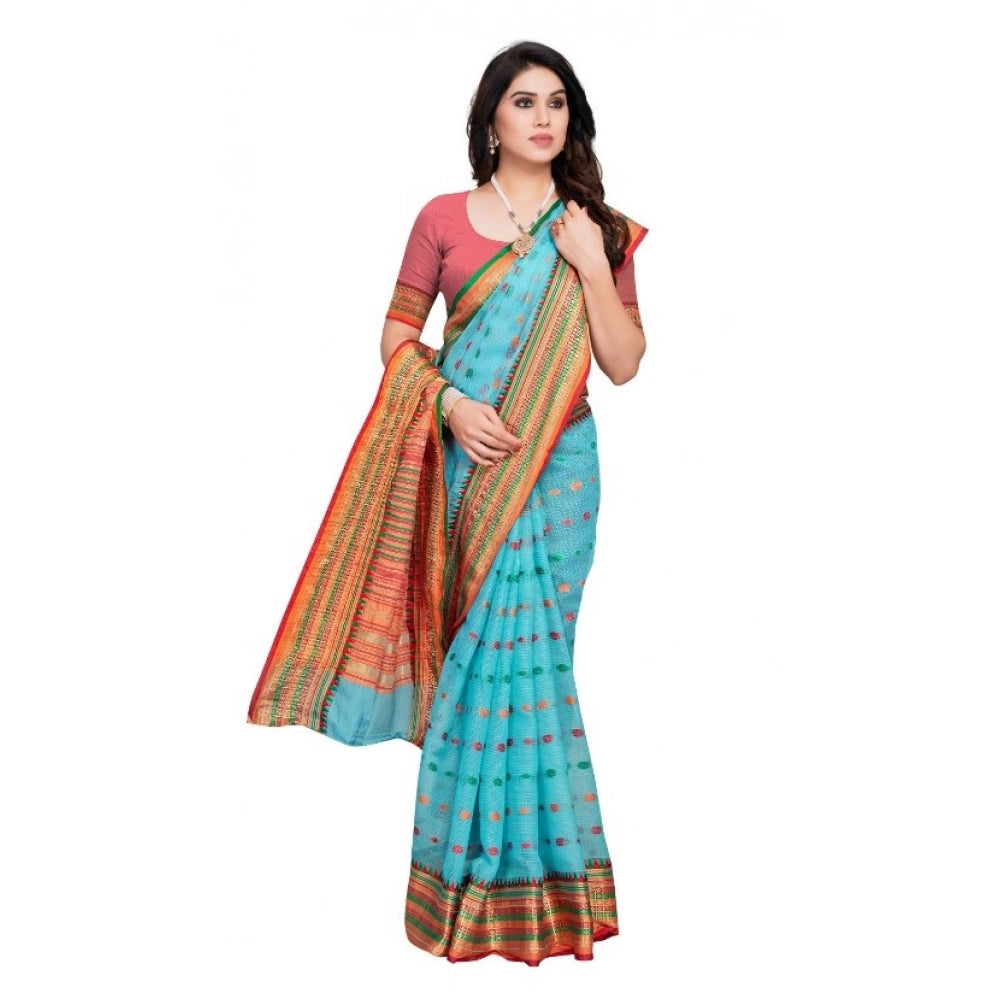 Kota Doria Cotton Woven Butta Saree with Blouse — Sky Blue (5-6m)