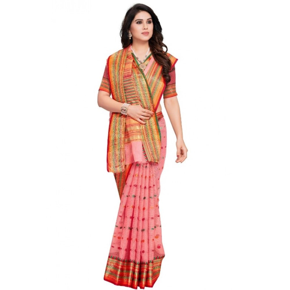 Kota Doria Cotton Woven Butta Saree with Blouse — Pink (5-6m)