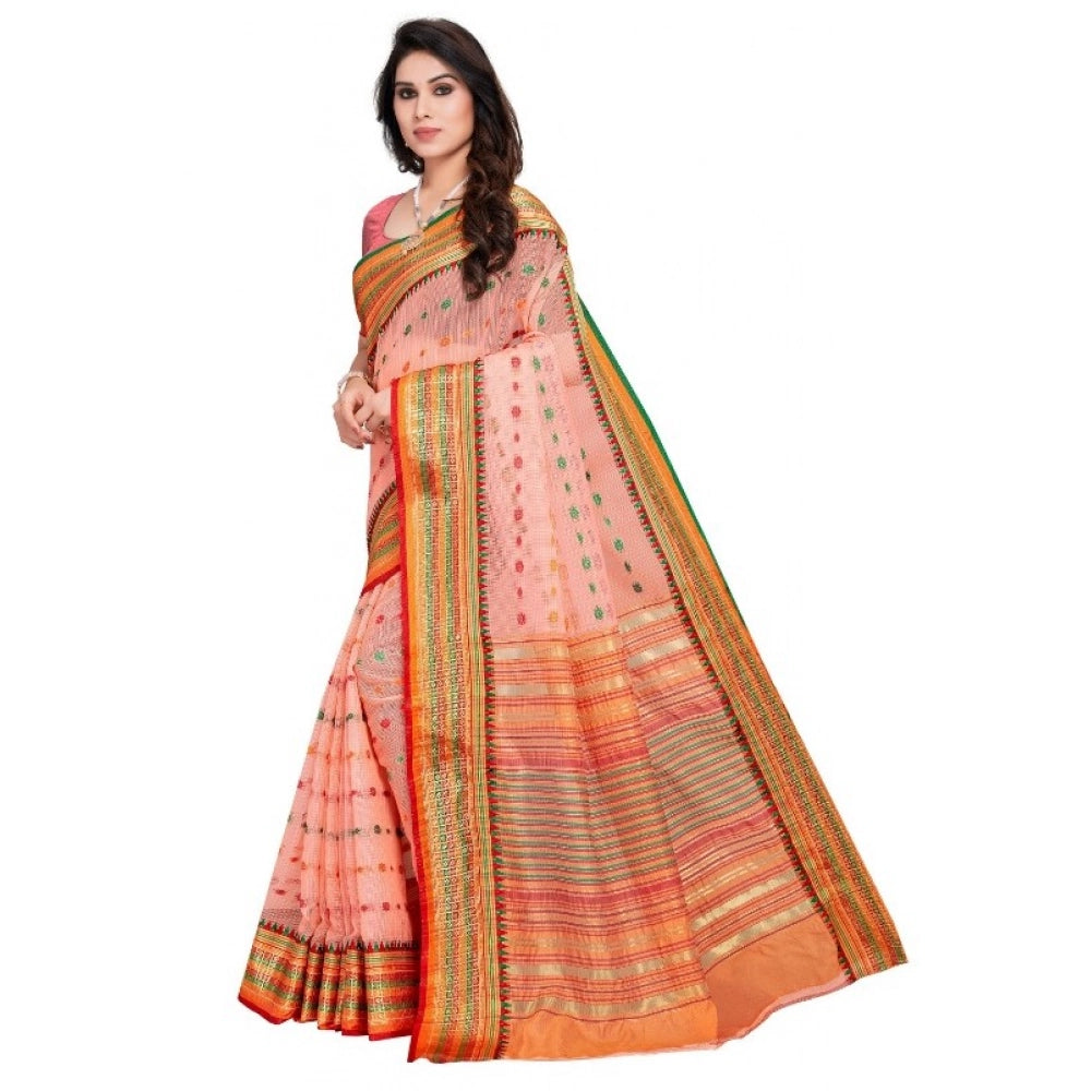 Kota Doria Cotton Woven Butta Saree with Blouse — Peach (5-6m)