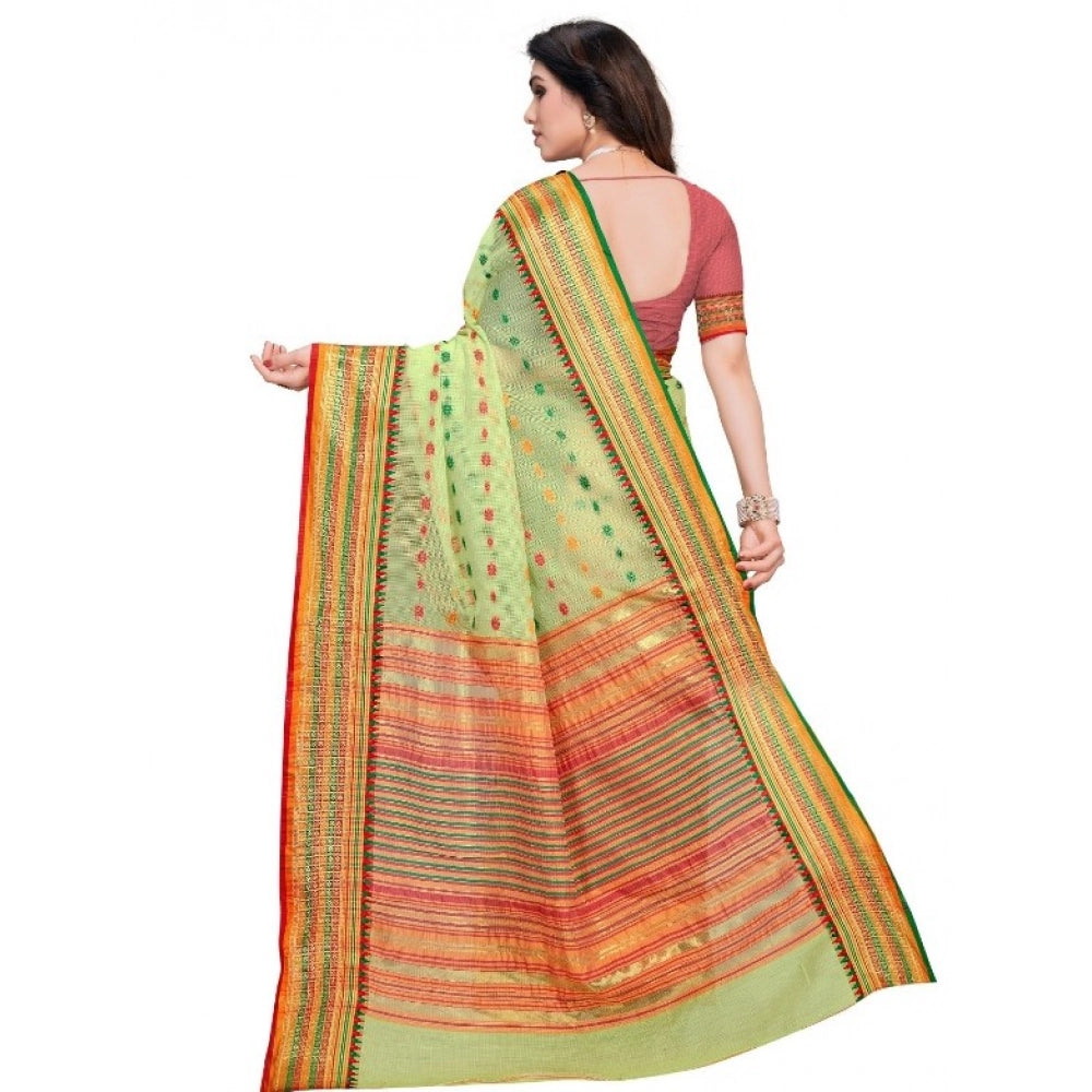 Kota Doria Cotton Woven Butta Saree with Blouse — Light Green (5-6m)