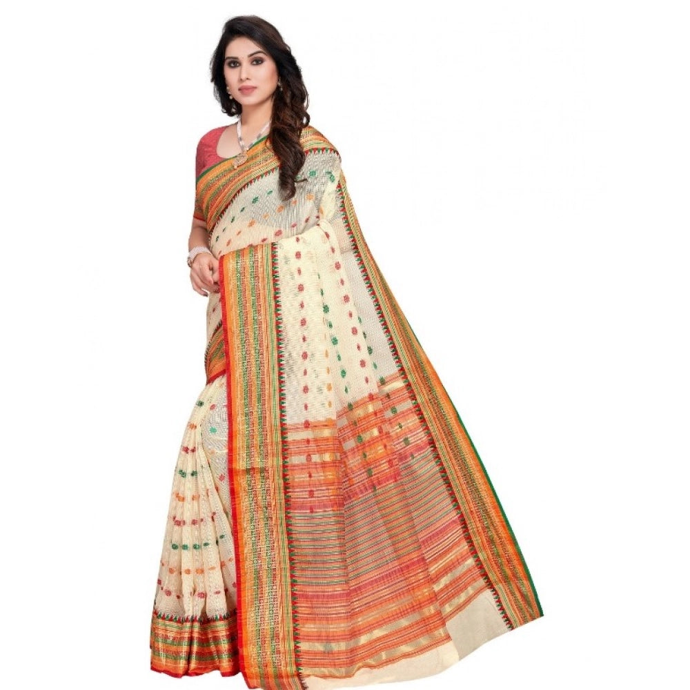 Kota Doria Cotton Woven Butta Saree with Blouse — Cream (5-6m)