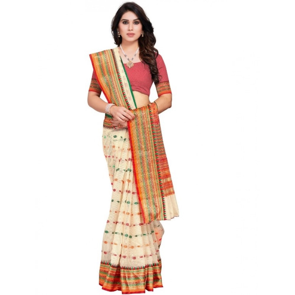 Kota Doria Cotton Woven Butta Saree with Blouse — Cream (5-6m)