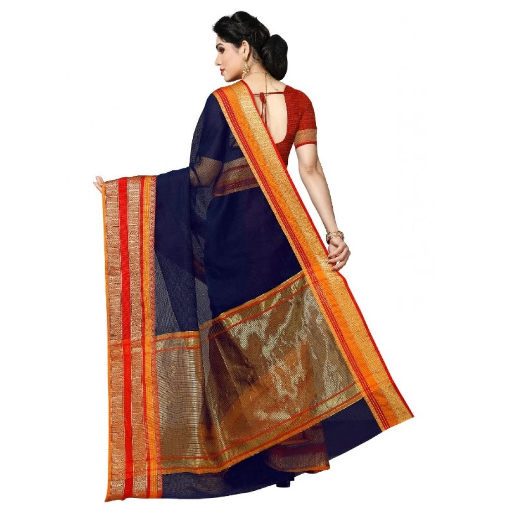 Kota Doria Cotton Border Saree with Blouse — Navy Blue (5-6m)